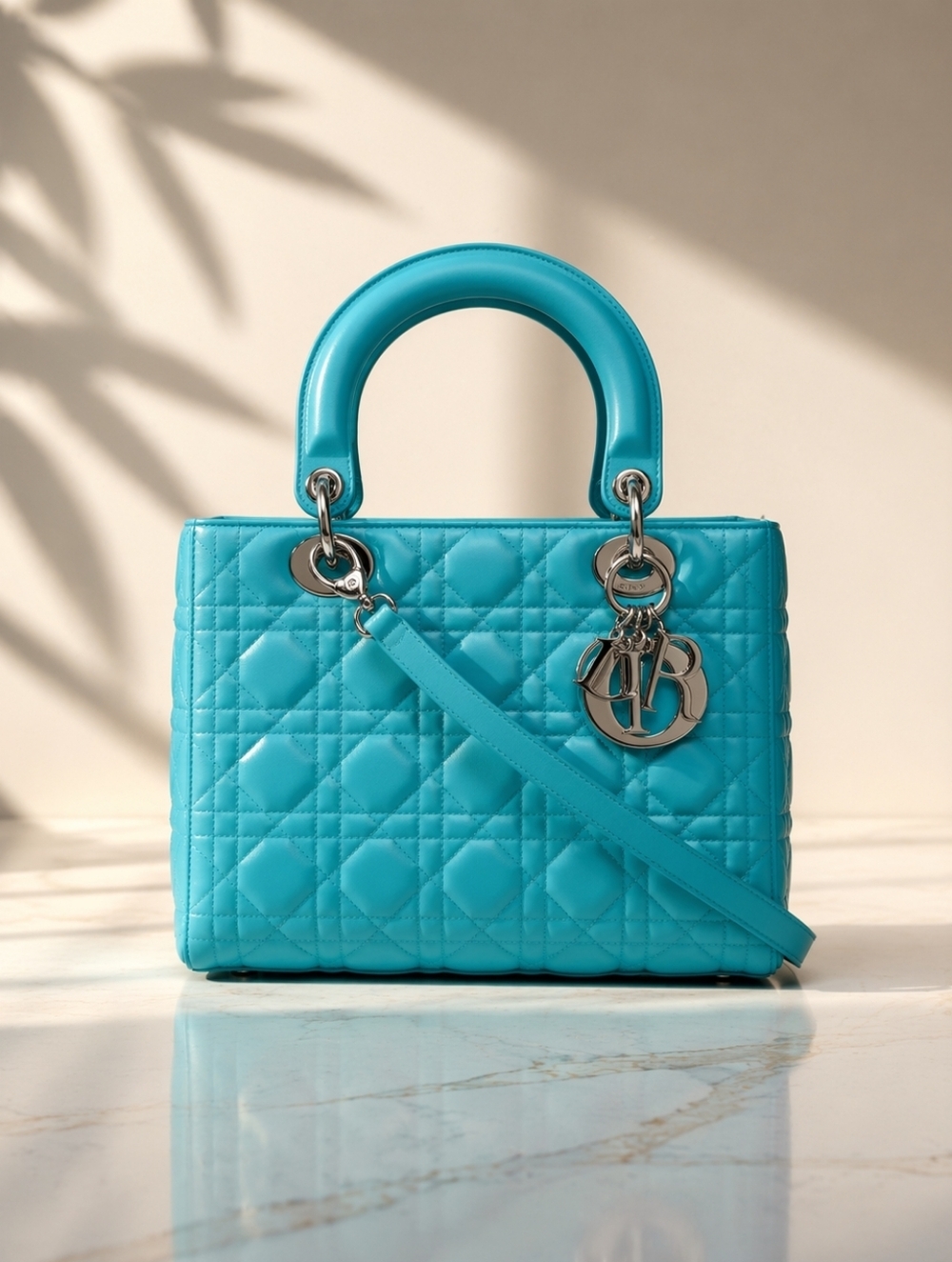 Authentic Dior Lady Dior Turquoise Cannage Leather Medium Bag